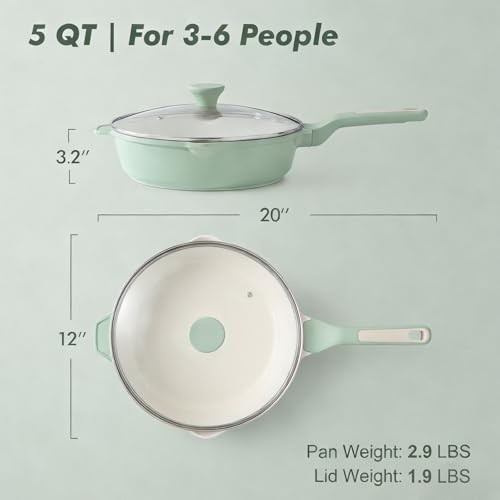 SENSARTE Nonstick Ceramic Skillet with Lid 12-inch/5QT, Non Toxic Deep Frying Pan, Saute Pan with Lid, Stay-cool Handle, Healthy Cooking Pot Dishwasher Safe, Induction Compatible, Green - color: Mint Green, size: 12-inch/5QT