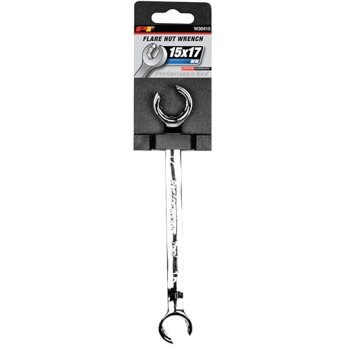 Performance Tool W30415 15 mm x 17 mm Metric Flare Nut Wrench | Automotive brake and fuel line tube wrench. 15-degree offset. Polished chrome alloy steel resists corrosion - size: 15mm x 17mm Flare Nut Wrench