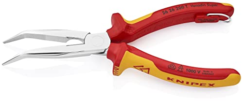 KNIPEX Tools 26 26 200 T Long Nose 40° Angled Pliers with Cutter-1000V Insulated-Tethered Attachment, 8'', Red/Yellow