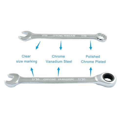 7/16 Inch Ratcheting Wrench 2 Pcs 72-Tooth 12-Point Chrome Plated | Forged 45# Carbon Steel Durable, 5-Degree Arc For Tight Spaces, 12-Point Protects Fasteners, Polished Chrome Anti-Rust - size: 0.44 Inch