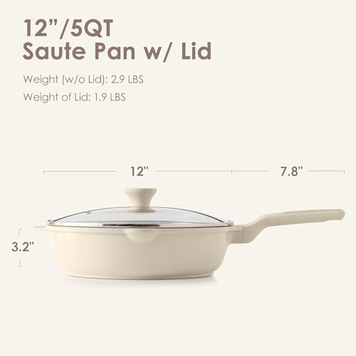 SENSARTE Nonstick Saute Pan with Lid 12-inch/5QT, Non Toxic Ceramic Deep Frying Pan, Dishwasher Safe Skillet with Stay-cool Handle, Healthy Cooking Pot, Induction Compatible, Cream White - color: Antique White, size: 12-inch/5QT
