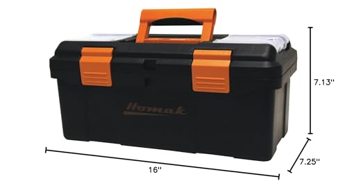 Homak Plastic Tool Box with Tray and Dividers, Black, 16 Inches - size: 16-Inch