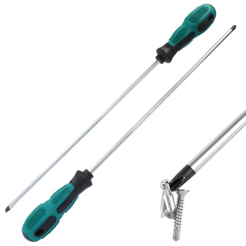 12-Inch Extra Long Slotted & Phillips Screwdriver Set, PH2 Magnetic Tip Flat Blade Cross-head Screwdrivers with Green Rubber Handle (2-Pack) - size: Slotted & Phillips (Green)