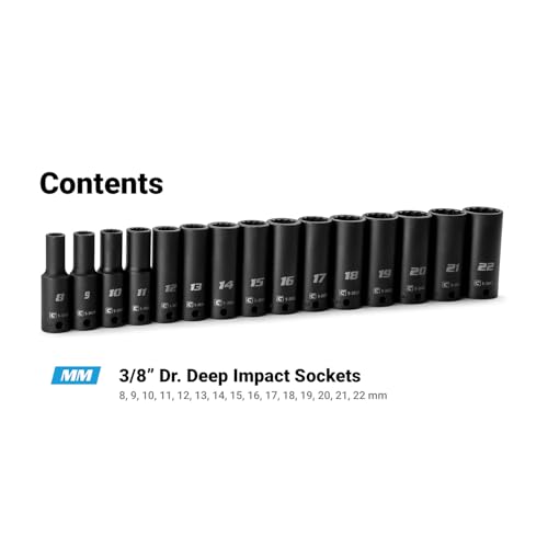 Capri Tools 3/8 in. Drive Deep Impact Socket Set, 12-Point, Metric, 8 to 22 mm, 15-Piece - size: Deep Set / 8-22 mm