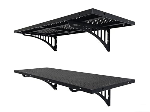 2 Pack 3.8 FT x 1.4 FT Heavy Duty Garage Wall Shelving, 530+ lbs Load Capacity per Shelf Wall Mounted Storage Shelf, Metal Garage Shelving with Hooks, Black (2 Pack)
