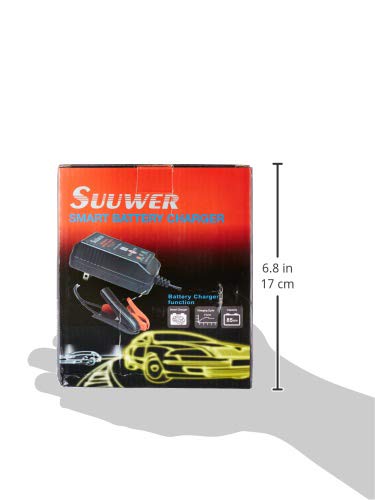 Suuwer 1.5A 8V/12V Fully-Automatic Smart Battery Charger - Trickle Charger & Maintainer for Golf Cart, Motorcycle, Car, Lawn Mower