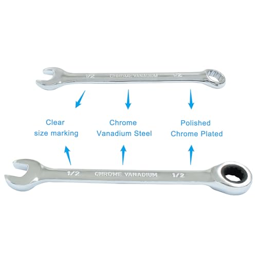1/2 Inch Ratcheting Wrench 2 Pcs 72-Tooth 12-Point Chrome Plated | Forged 45# Carbon Steel Durable, 5-Degree Arc For Tight Spaces, 12-Point Protects Fasteners, Polished Chrome Anti-Rust - size: 0.50 Inch