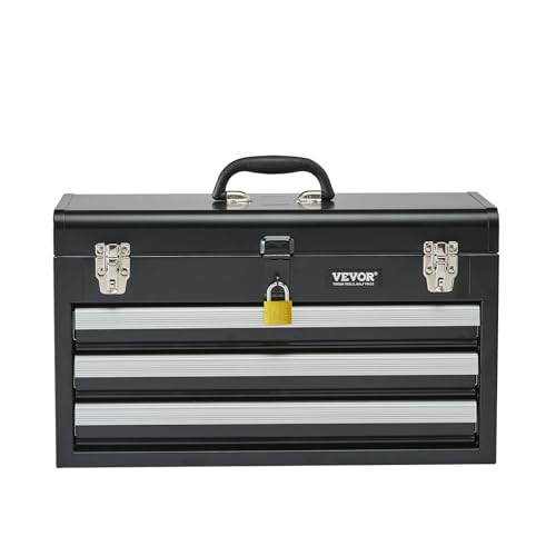 VEVOR Metal Tool Box, 20.5-inch, Portable Metal Tool Box with 3 Drawers, Small Tool Chest with EVA Liners, Ball Bearing Slide Drawers Locking & Powder Coated Finish, Multi-Function Tool Organizer - size: 3 Drawers-Black