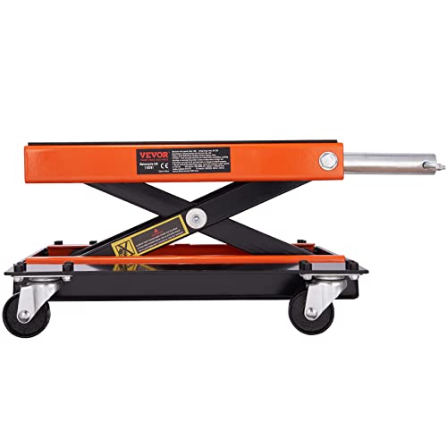 VEVOR Motorcycle Lift 1100lbs ATV Scissor Lift Jack with Dolly & Hand Crank | Garage Repair Center Hoist Crank Stand with Wide Deck and Tool Tray for Street Bikes, Cruiser Bikes, Touring Motorcycles | Garage Repair Center Hoist Crank Stand with Wide Deck