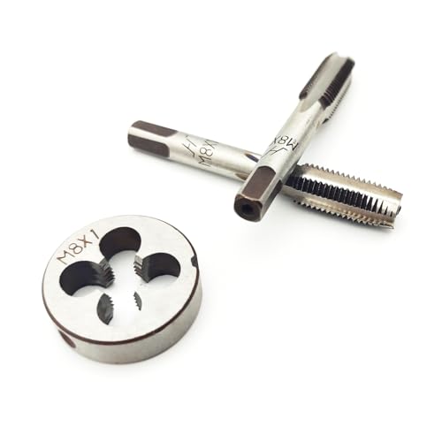 AtticZone M8 x 1.0 Metric Hand Thread Tap and Die Set, Right Hand 8 * 1.0, Alloy Tool Steel, 1 Taper Tap, 1 Plug Tap, 1 Round Die for Metal Working DIY Industrial - size: M8x1.0