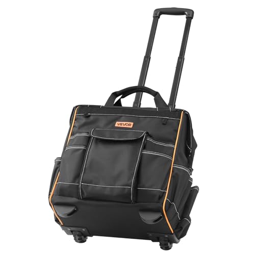 VEVOR 15" Rolling Tool Bag, 110 lbs Load Capacity, 25 Pockets Heavy Duty Roller Tool Bag on Wheels, Adjustable Telescoping Handle & Stable Base, Toolbag Organizers w/Wheels for Construction, Mechanic - size: 15 in