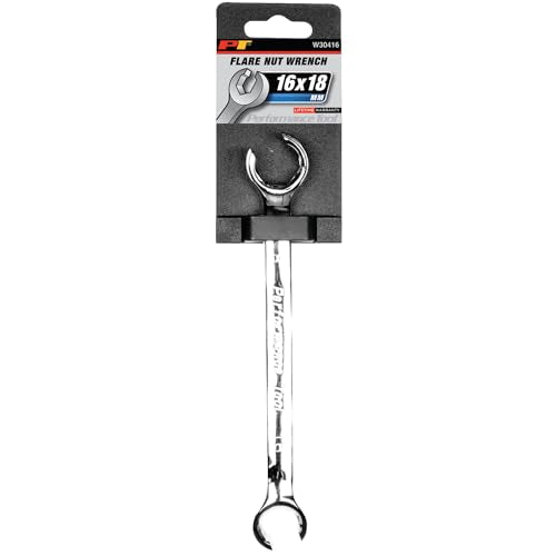 Performance Tool W30416 16 mm x 18 mm Metric Flare Nut Wrench | Ideal for automotive brake, fuel, and hydraulic lines. Drop forged chrome alloy steel. 15-degree offset - size: 16mm x 18mm Flare Nut Wrench