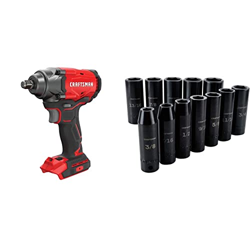 Craftsman V20 Impact Wrench, Cordless, Brushless, 1/2-Inch, Tool-Only w/Deep Impact Socket Set, SAE, 1/2-Inch Drive, 12 Pieces (CMCF920B & CMMT15886)