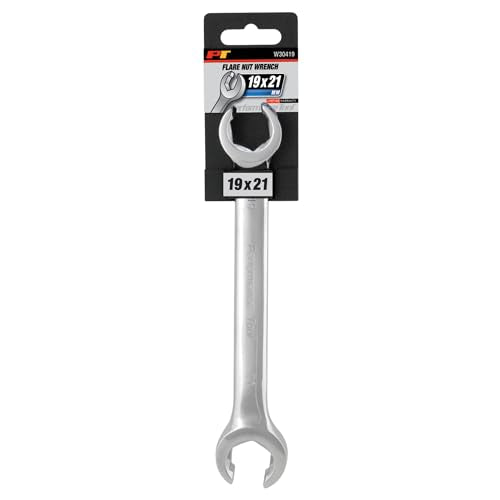 Performance Tool W30419 19 mm x 21 mm Metric Flare Nut Wrench | Automotive line wrench. 15 degree offset. Drop forged chrome alloy steel. Polished nickel chrome finish - size: 19mm x 21mm Flare Nut Wrench