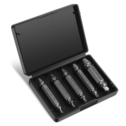 HSS 4341 Damaged Screw Extractor Set, 5-Piece Drill Bit Kit, Sizes #0-#4, Dual-Ended Design, for Stripped, Broken, and Rusty Screws - style: 60326-Grey