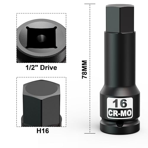 1/2" Drive 16 mm Hex Impact Bit Socket, H16 Allen Bit Socket, Metric, Cr-Mo Steel, Automotive Repair Industrial Maintenance and DIY Enthusiasts Alike - size: 1/2" H16 Deep