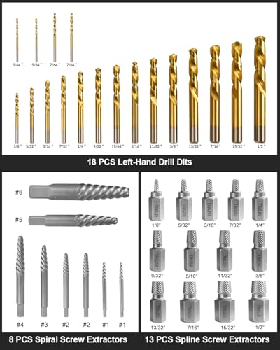 Bolt Extractor Kit, 67 Pcs Easy Out Screw Extractor Set with Left-Hand Drill Bits | Deep & Shallow Extractors, Multi-spline and Spiral Screw Extractors, Cr-Mo, Reverse Spiral Grip, For Broken, Rusted Bolt - size: 67Pcs