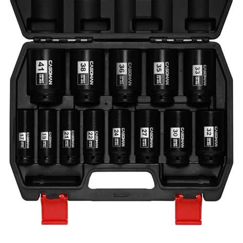 CASOMAN 1/2” Drive Deep Big Impact Socket Set, 13-Piece Large Spindle Axle Nut Impact Wrench Socket Set, 6 Point, CR-MO, Metric, 17mm - 41mm