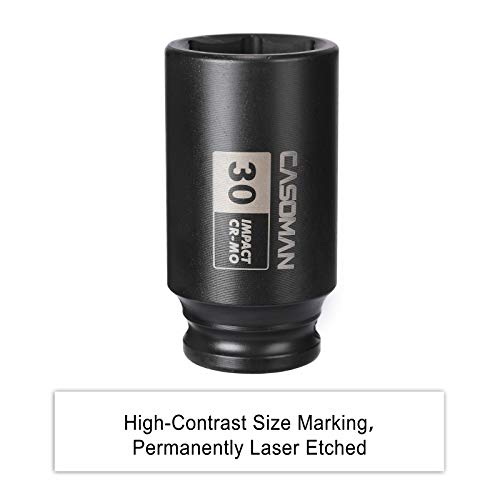 CASOMAN 1/2" Drive x 30 mm Deep 6 PT Impact Socket, CR-MO, 1/2-inch Drive 6 Point Axle Nut Socket for Easy Removal of Axle Shaft Nuts (30MM) - size: 30 mm (Deep), style: 6-Point Socket