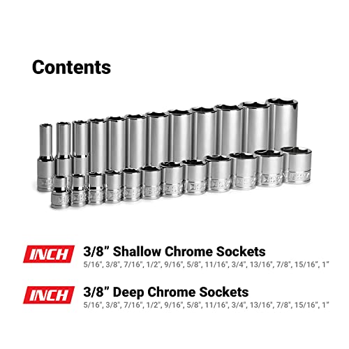 Capri Tools 3/8 in. Drive Shallow and Deep Chrome Socket Set, 6-Point, 5/16 to 1 in, 24-Piece - size: Shallow & Deep Set / 5/16-1 in.