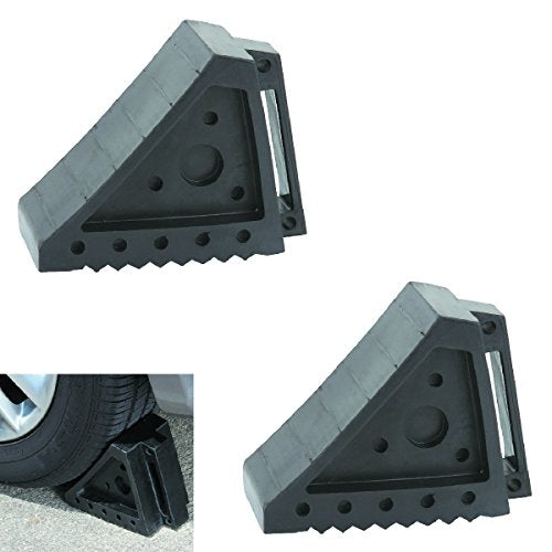 New (Set of 2) Super Heavy Duty All-Weather Large Industrial 8 in x 6 in Solid Rubber Wheel Chock Stopper with Handle for Truck SUV Excavator Skids Shop Garage