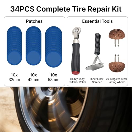 34PCS Tire Patch Kit,Heavy Duty Tire Repair Tools Patch with 32/42/58mm Wheel Patches,Tires Patches Roller,Scraper & Buffing Wheel,Full Tires Repair Kit for Car Truck Motorcycle