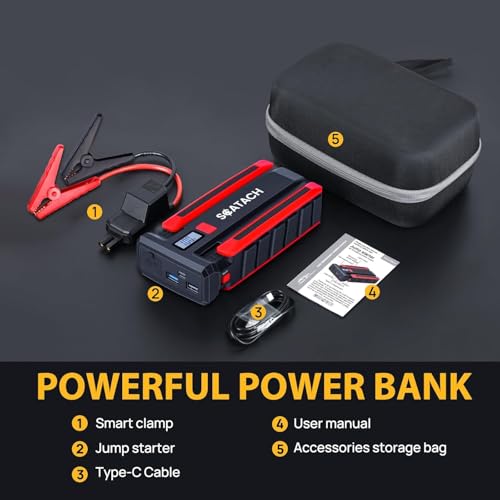 Scatach 4000A Car Battery Jump Starter, 12V Jump Starter Battery Pack (up to 10.0L Gasoline and 8.0L Diesel Engine), Portable Jump Box with Jumper Cable, LED Display, LED Light - color: red