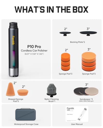 Fanttik P10 Pro Mini Car Buffer Polisher, 4000mAh Cordless Rotary Car Polisher Waxer, 2 Inch/3 Inch, 3 Variable Speed 300-950 RPM Car Detailing Kit for Polishing, Sanding, Waxing and Cleaning
