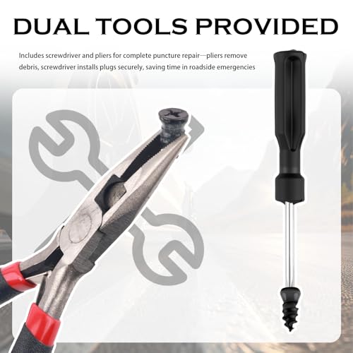 Aokdom 60PCS New Car Tire Repair Rubber Nail Kit,Emergency Screw Tire Plug Kit with 2 Sizes of Tires Repair Screws/Pliers/Screwdrivers,Self-Service Tubeless Vacuum Tires Plugs Screw Type