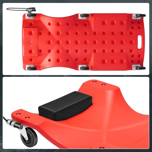 40" Low-Profile Plastic Rolling Mechanic's Floor Creeper with Built-in LED Light, Cushioned Headrest, Dual-Compartment Tool Trays, and Casters CAAP-TOLS-CRP-T2-40-RD