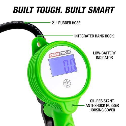 OEMTOOLS 24412 Digital Tire Inflator with Tire Pressure Gauge, Digital LCD Display, 0 to 175 PSI Air Pressure Gauge for Tires with 21” Hose and Clip-On Air Chuck | 0-175 PSI Measuring Range, 21” Hose and Clip-On Air Chuck, Oil Resistant Anti-Shock Rubber