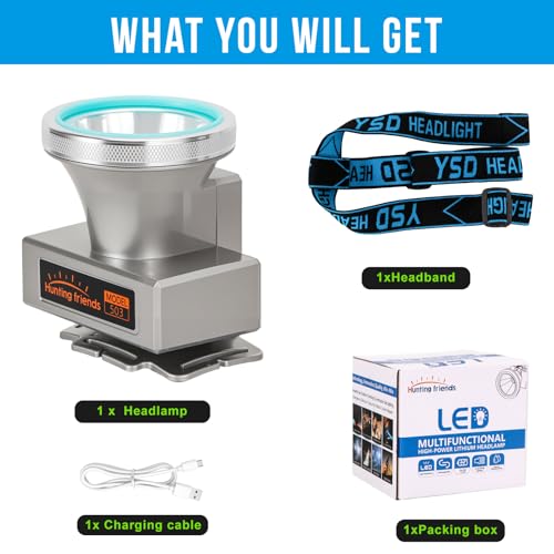 High Brightness LED Headlamp with Display Screen Rechargeable USB-C Waterproof Headlight with Runtime Indicator 4 Lighting Modes Light for Camping, Work, Hunting, Fishing (Mode 503 - White Light) - color: Model-503