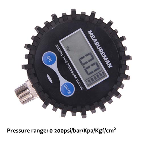 MEASUREMAN 2-1/2" Dial Size Digital Air Pressure Gauge with 1/4'' NPT Bottom Connector and Protective Boot, 0-200psi, Accuracy 1%, Battery Powered with LED Light - size: Short thread, style: 0-200psi