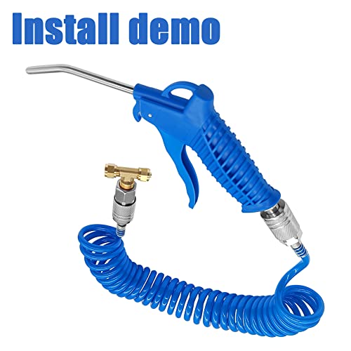 Air Blow Gun kit High Flow with 8mm OD 16ft Long Coil PU Air Hose Air Duster Blow Gun Kit Tee Quick Connector(Blue) - color: Blue