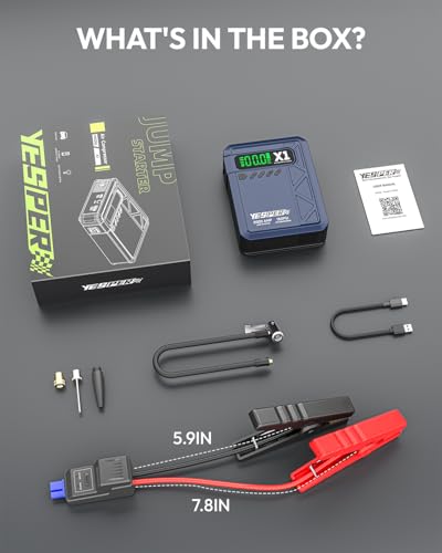 YESPER Jump Starter with Air Compressor 2000A 150PSI Battery Jumper Starter Portable(8L Gas/6L Diesel), 12V Car Jump Pack Battery Charger Jump Box with Jumper Cables, LCD Display, Lights(Blue) - color: Blue