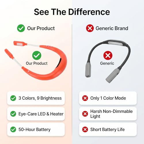 Orange LED Neck Light, Heated Flexible Reading Lamp with 3 Color 9 Brightness, Rechargeable Bendable Neck Light with 2000mAh Battery, for Campers, Mechanics, and Night Readers