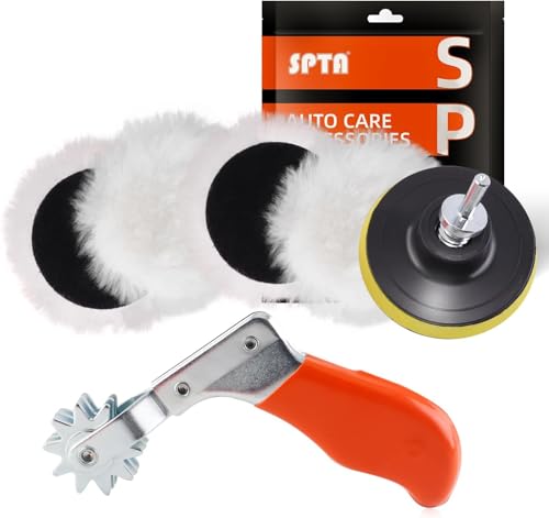 Wool Buffing Polishing Pad, SPTA 3 Inch (75mm) Lambwool Wool Buffing polishing Pads With Pad Clean Tool, 6 Pcs Kit with Hook & Loop 5/8"-11 Thread Drill Adapter for Car Polishing and Buffing QA0798SET - size: 80mm Sets