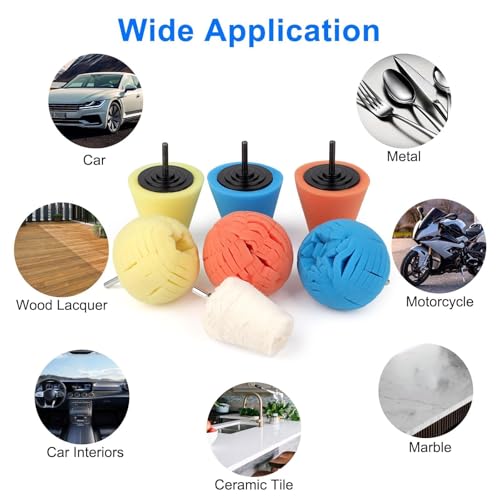 Linkstyle 7PCS Car Wheel Hub Drill Buffing Sponge Pads Kit, 1/4" Cone Metal Buffer Pads Polishing Kit Foam Polishing Balls Wheel Polishing Kit for Drills