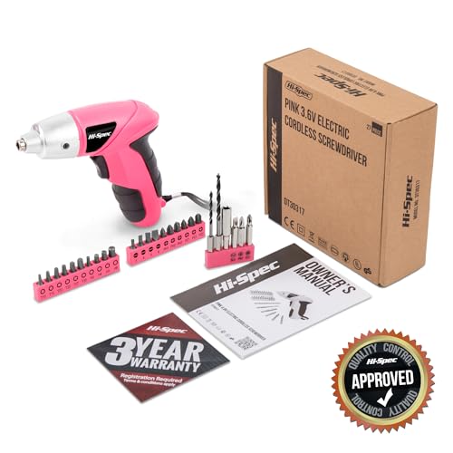 Hi-Spec Small Electric Screwdriver, Mini Drill Set, Rechargeable 3.6V Cordless Screwdriver with 26 Driver Bits, Power Tool for Small Projects & Home Use, Pink | 27pc, Speeds furniture assembly, comfortable cordless control, LED work light, USB charging, o