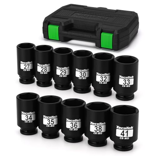 TecoTek 1/2" Drive Deep 6-Point Impact Socket Set, 11-Piece Deep Metric Spindle Axle Nut Impact Socket Set, Cr-Mo, 27mm - 41mm - size: 27mm - 41mm (11PCS)