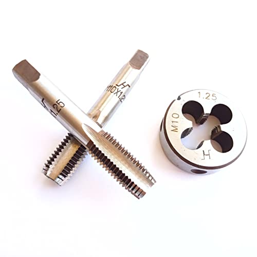 AtticZone M10 x 1.25 Metric Hand Thread Tap and Die Set, Right Hand 10 * 1.25, Alloy Tool Steel, 1 Taper Tap, 1 Plug Tap, 1 Round Die for Metal Working DIY Industrial - size: M10x1.25