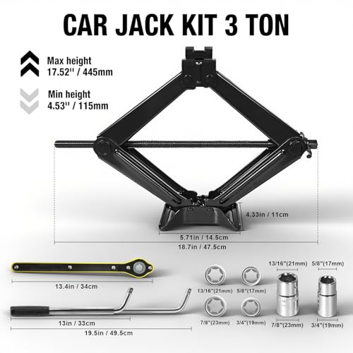 YELLOW JACKET Scissor Car Jack 3 Ton Tire Changing Kit with Lug Wrench, Emergency Kit Scissor Jack for Car - size: 3 TON