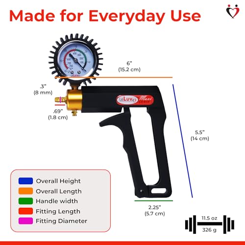 LeLuv Maxi Vacuum Pump - Manual Hand Vacuum (0-30 Hg, 0-760 mmHg) with Ergonomic Nylon Handle, Release Valve, & Rubber Protected Pressure Gauge (1/8" NPT), Compatible with LeLuv Pump Series - Black - color: Black