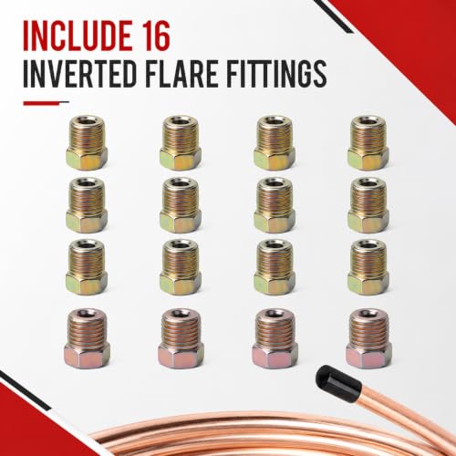 Joyzeal 25ft 1/4" Copper Brake Line Kit, 16 Fittings & Flaring Tool | Corrosion Resistant, Hand-Bendable, 4 Unions, Double & Single Flare, Fits Most Cars Trucks SUVs - size: 1/4''