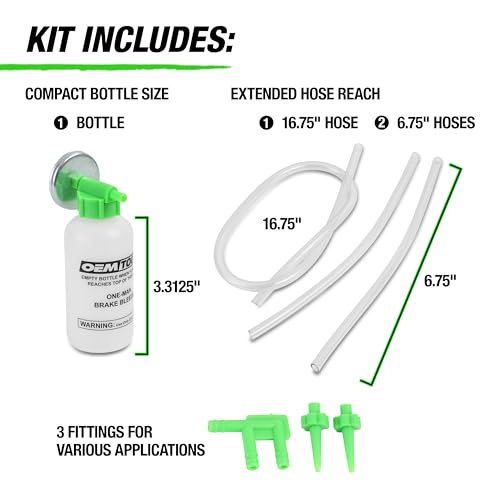 OEMTOOLS 25036 Bleed-O-Matic One-Man Brake Bleeder Kit, Featuring An Opaque Brake Bleed Bottle / Transparent Hoses and Tapered Fittings, No Mess Brake Fluid Bleeding , Multi color(Packaging May Vary) - style: Brake Bleeder Kit