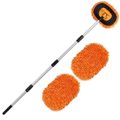 Suds Lab EM Extendable Wash Mitt with 170° Telescopic Handle – 58" Car Wash Mop with 2 Scratch-Free Chenille Microfiber Car Washing Mitts for SUVs, RVs and Trucks