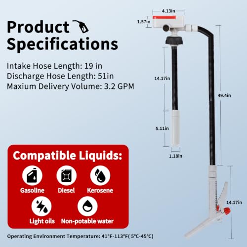 Fuel Transfer Pump (3.2GPM) with Hand Nozzle for Quick Stop Flow Control, 51" Hose Automatic Gas Pump with 4 Gas Can Fittings, USB and Battery Powered Portable Siphon Pump for Oil, Gasoline, Diesel - style: Hand Trigger Nozzle