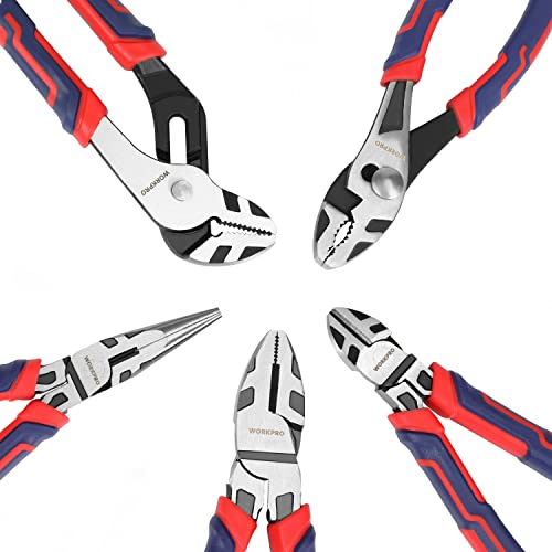 WORKPRO Pliers Set, 5-Piece Premium Cr-V Pliers Kit with Storage Pouch | 6 Inch Slip Joint, Long Nose, Diagonal Cutter, 8 Inch Groove Joint, 7 Inch Linesman, Ergonomic Grip, for Basic Repair - size: 5-piece