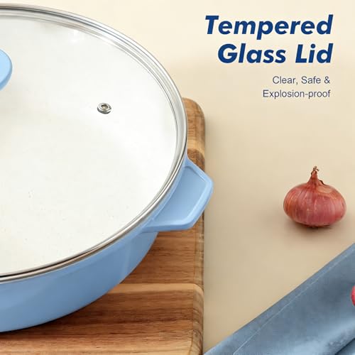 SENSARTE Nonstick Ceramic Skillet with Lid 12-inch, 5QT Non Toxic Deep Frying Pan, Saute Pan with Lid, Stay-cool Handle, Healthy Cooking Pot, Induction Compatible, Blue - color: Glicer Blue, size: 12-inch/5QT