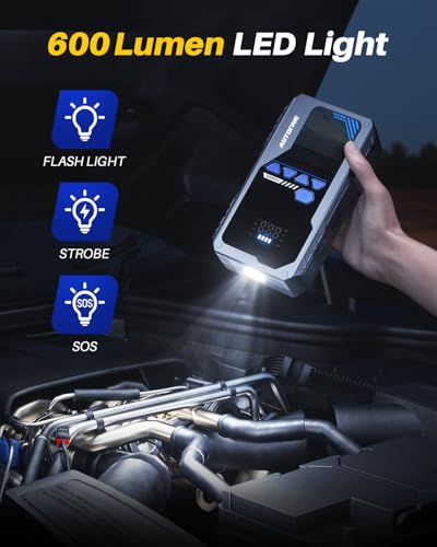 AUTOONE JWA2 Jump Starter with Air Compressor (All Gas/12L Diesel), 150PSI Car Jumper Starter Portable, Jump Box Tire Inflator with LED Flashlight, LCD Display, Storage Case - size: With Inflator 8000A
